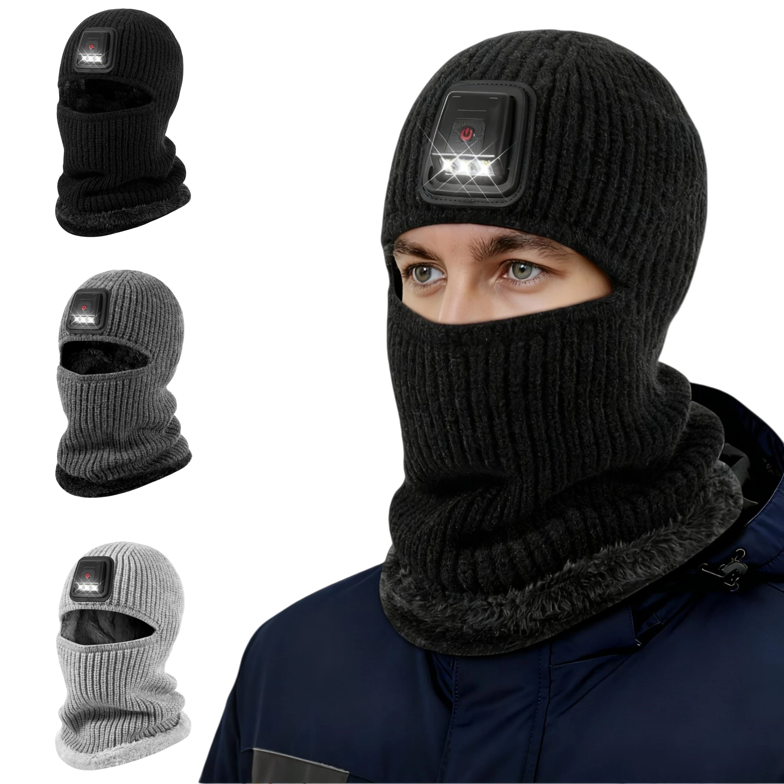 قبعات شتوية خارجية للرجال والنساء، تغطي الوجه والرقبة بالكامل، مقاومة للرياح، دافئة وسميكة، مع أضواء LED قابلة للفصل #1