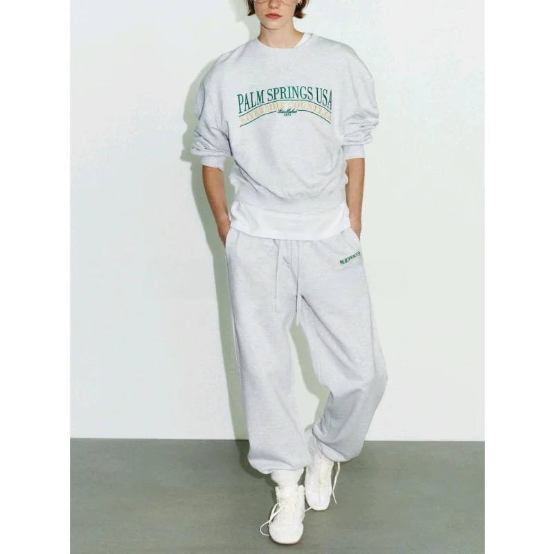 Comoda felpa rotonda allentata stampata Ne e pantaloni lunghi casual Set Faion per abbigliamento autunnale lungo in cotone da donna