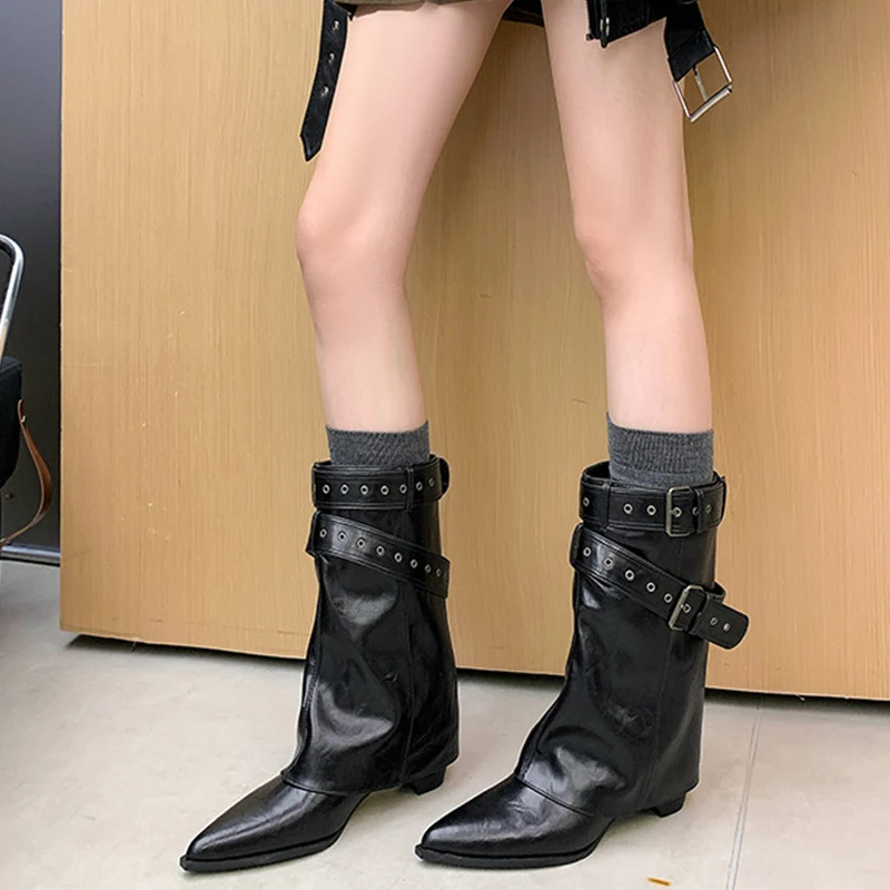 2025 موضة أشار تو المرأة الغربية حذاء من الجلد أنيقة كعب سميك أحذية Laides حزام مشبك الجوارب القصيرة Zapatos Mujer