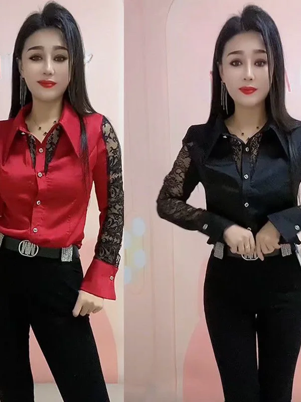 

Spring 2026 Early Collar Button Long Sleeve Lace Shirt Slim Fit Cardigan Original Design Straight Tube Knot