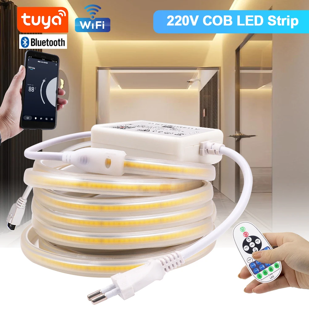 

Tuya Smart Wifi COB LED Strip 220V 288LEDs/m Flexible COB Light Bar Bluetooth APP Control Waterproof Led Tape Linear Dimmable