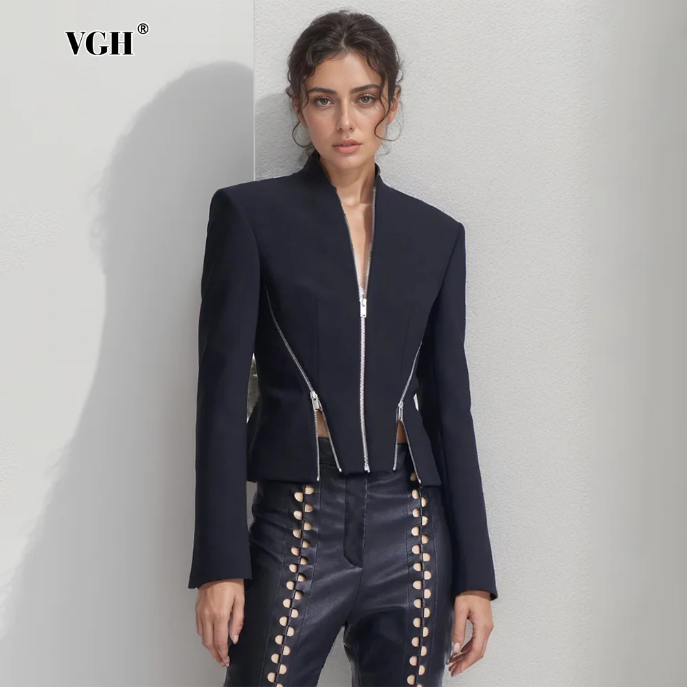 VGH Patchwork Zipper Solid Slimming Coat For Women V Neck Long Sleeve Slimming Minimalist Chic Coats Female Fashion Clothes