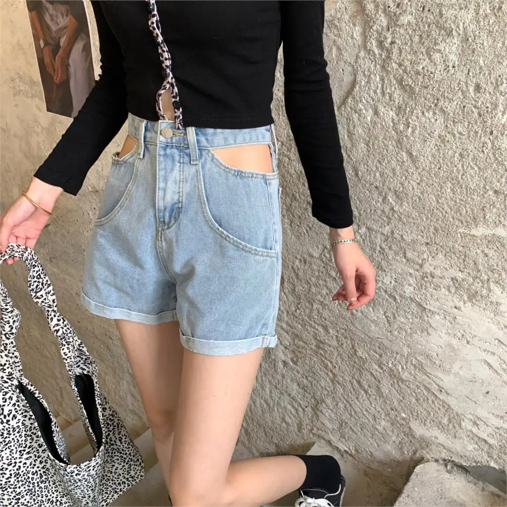 

Casual Women Denim Shorts Crimping High Waist Slim Summer Jeans Shorts Feminino Chic Hot Ladies Bottom Cut out shorts