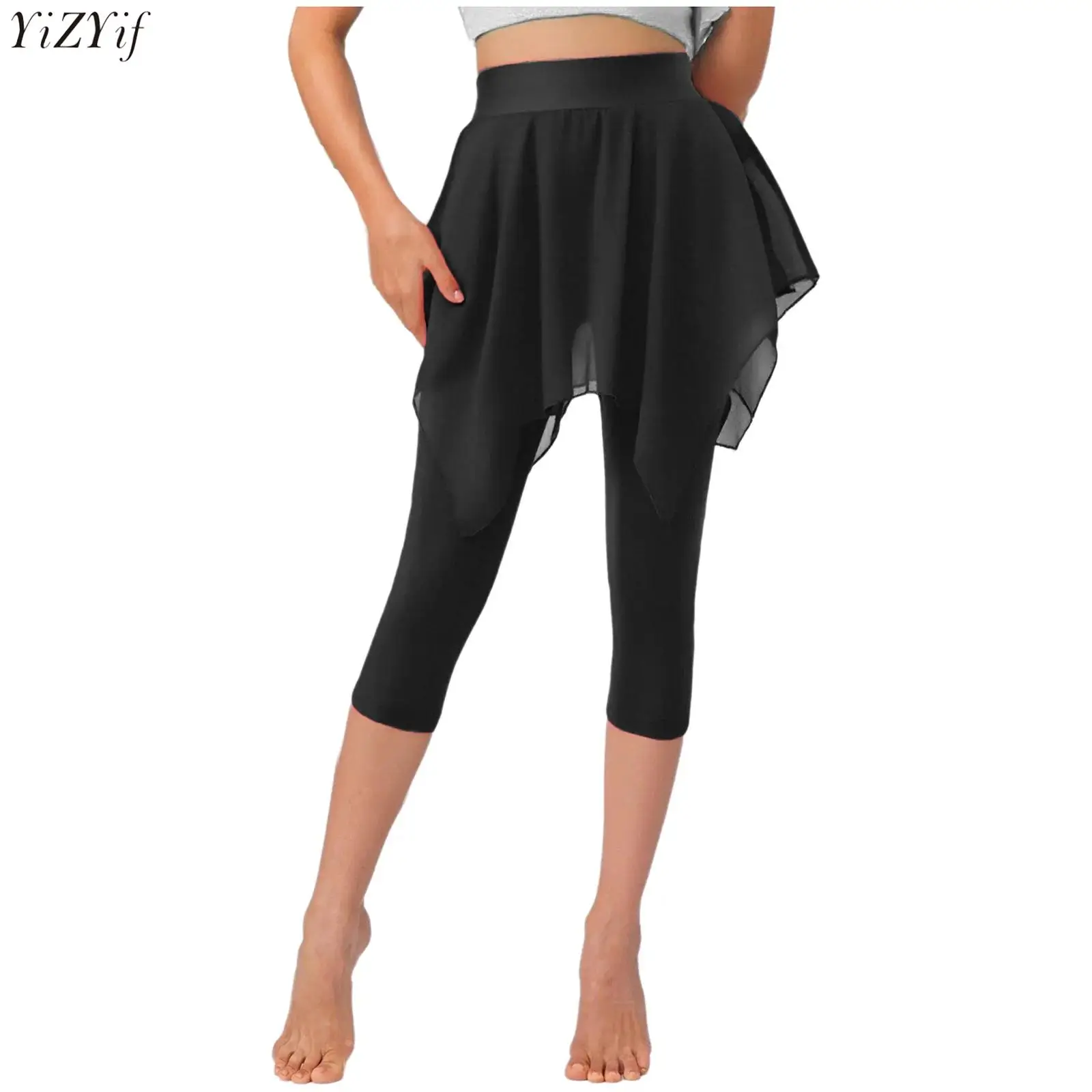 

Women Lyrical Dance Pants High Waist Leggings One-piece Irregular Skirt Capris Pants for Yoga Fitness Ballet Dance Training Wear