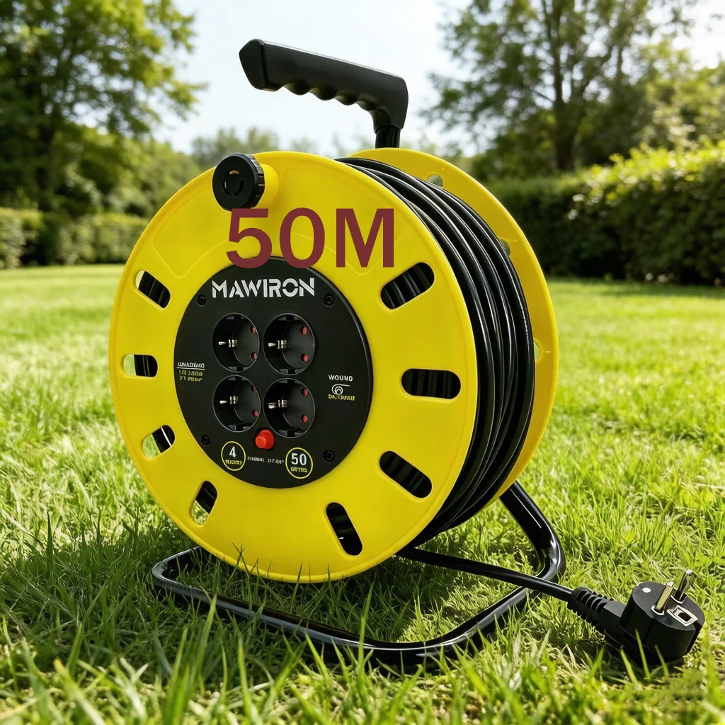 Carrete de cable de 50 m, cable de extensión de alimentación, carrete de cable de alimentación extensible de alta resistencia, adecuado para taller, garaje, jardín