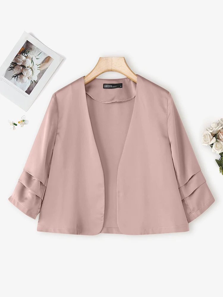 

ZANZEA 2022, элегантные женские пальто OL, плиссированные куртки с рукавами 3/4, осенние повседневные однотонные верхние пальто, модный офисный женский кардиган с v-образным вырезом