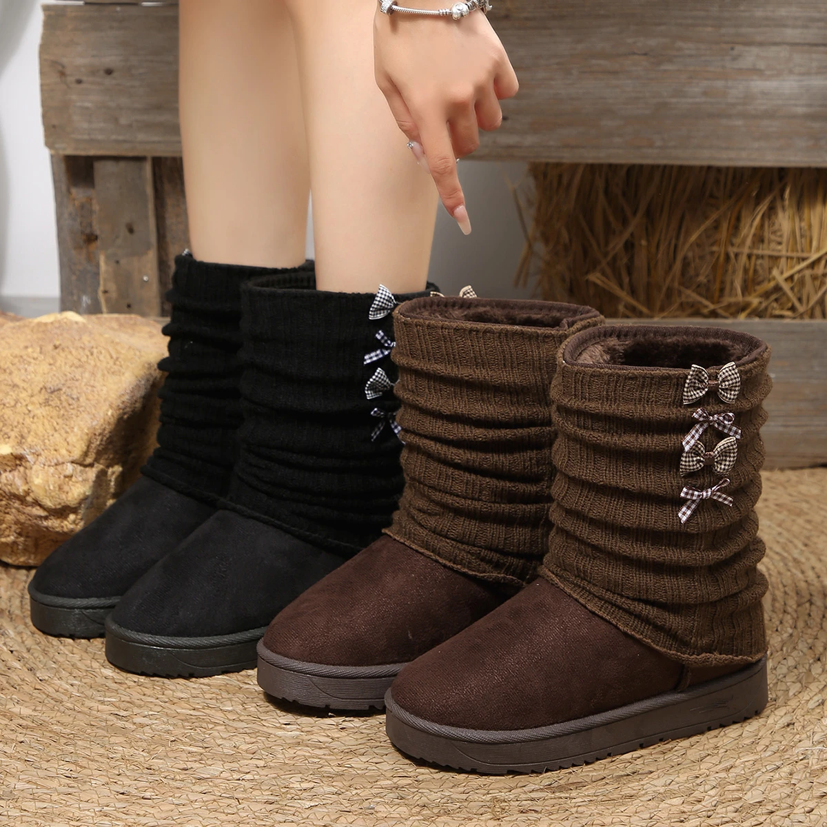 

Winter Round Head Sexy Comfortable Casual Snow Boots Fashionable New Suede Bow Thick Sole Non-slip Warm Walking Boots for Women