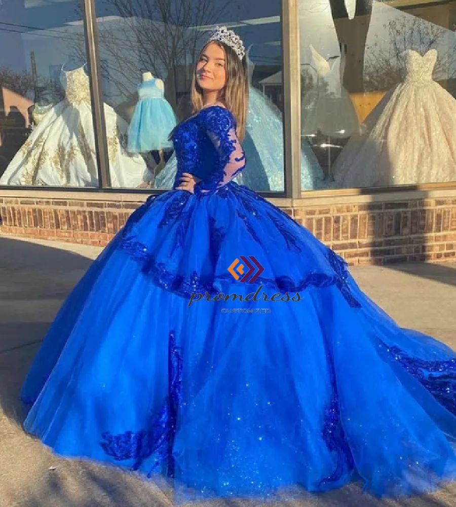 Vestidos De quinceañera azul real brillantes con clase cuello en V manga larga lentejuelas princesa Quinze cumpleaños Vestido De 15 Anos Xv