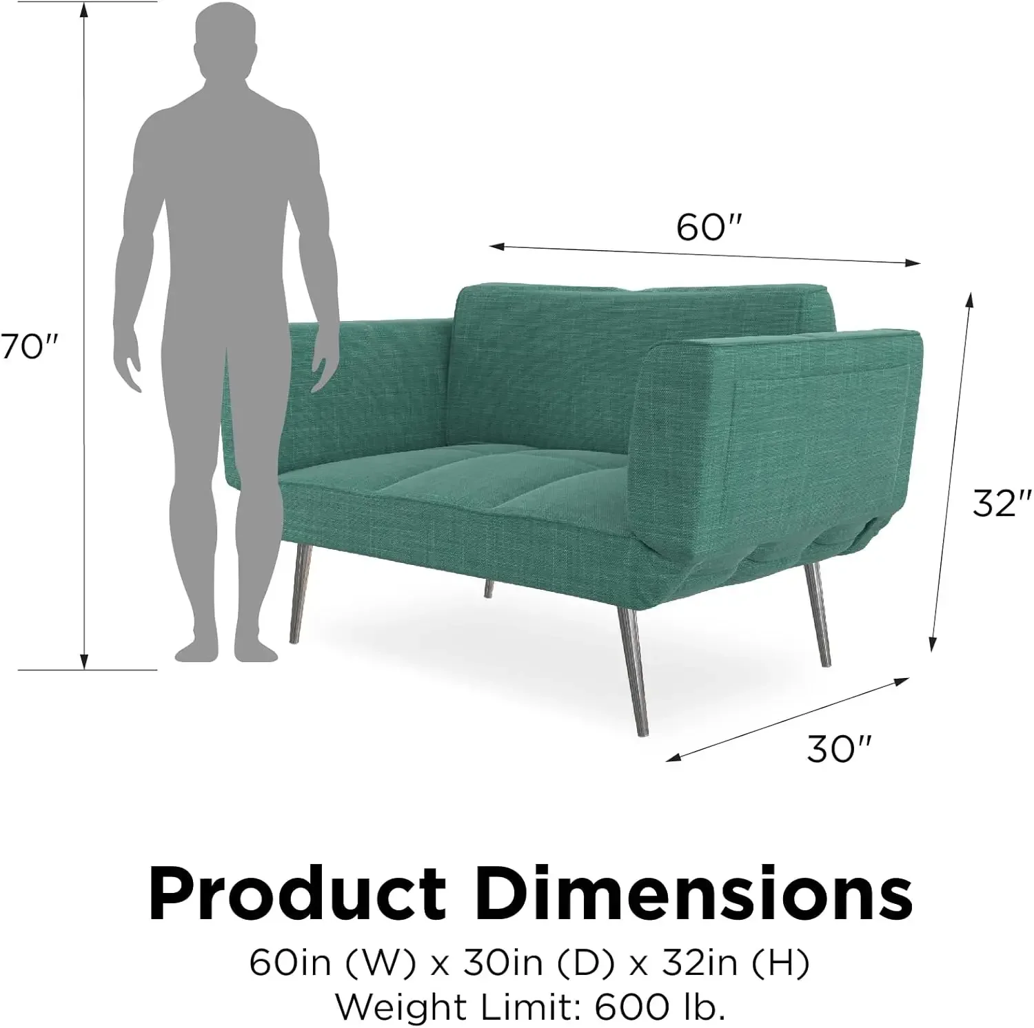 Loveseat with Magazine Storage, Adjustable Sofa Bed Armrests to Convert into a Couch Sleeper, Teal Futon