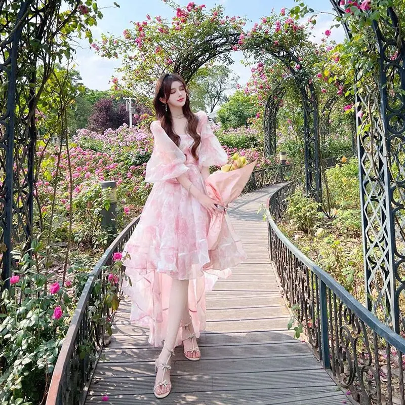 French High-level Sense Niche Design Tea Break Light Luxury Dress Female Summer Flower Bubble Sleeve Square Neck Fairy Dress