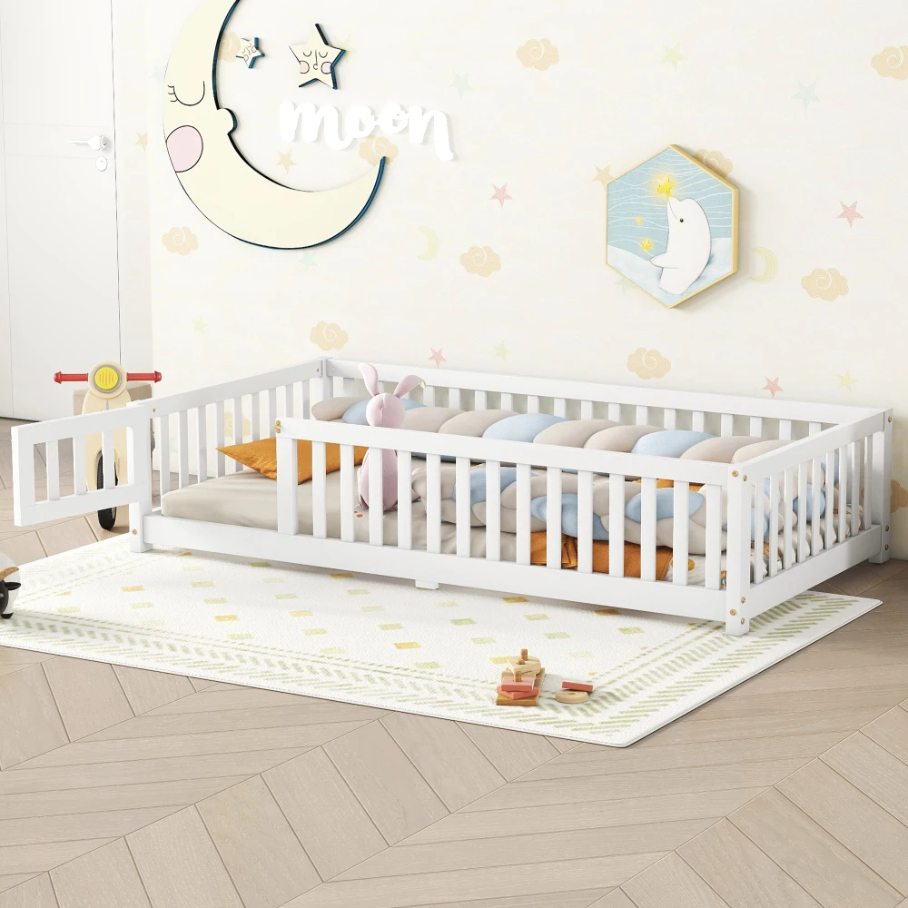 

Twin Size Bed Floor Bed with Safety Guardrails and Door for Kids, White