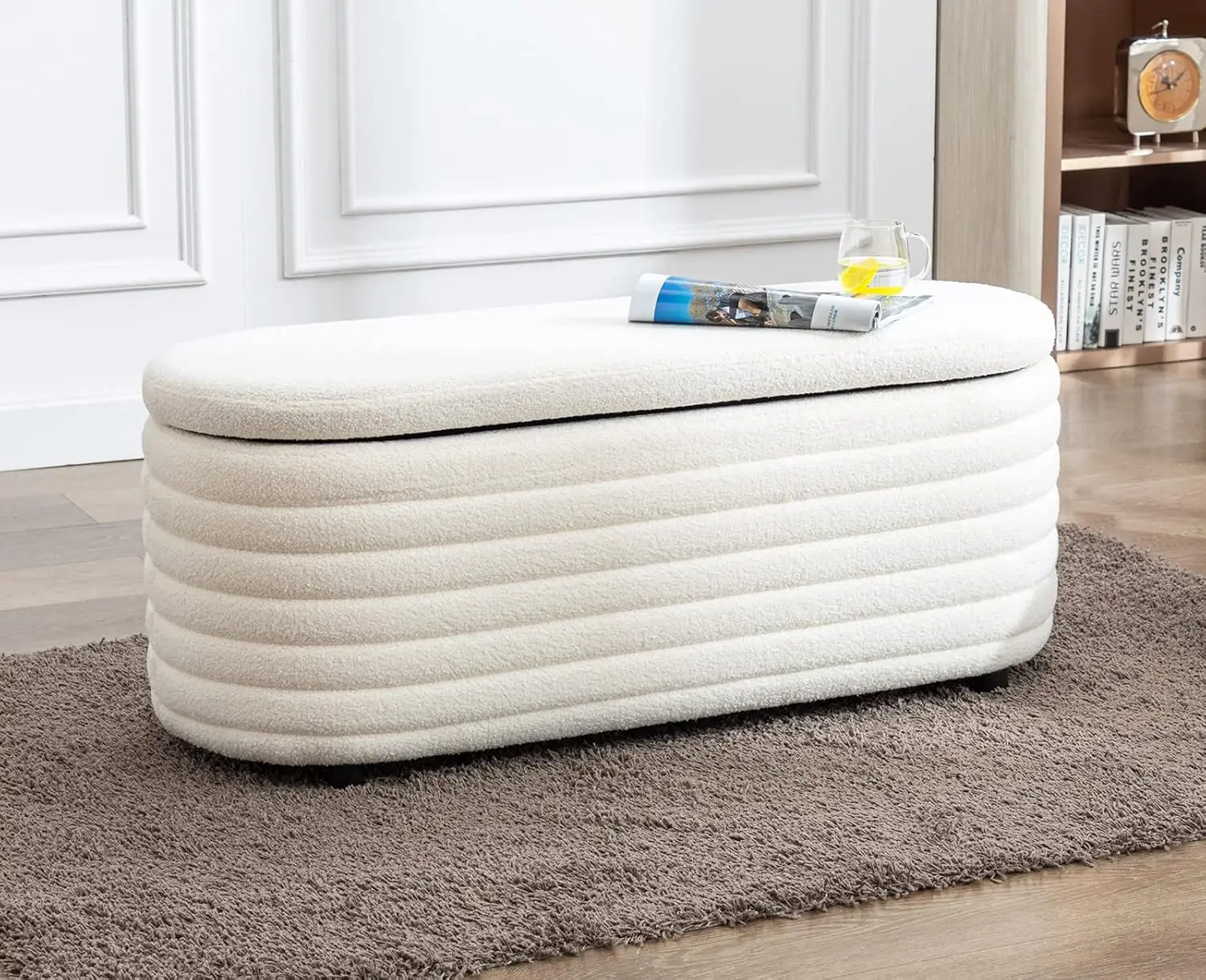 

45" Storage Bench Faux Fur Entryway Bench Upholstered Ottoman Bench for Bedroom Living Room Hallway, White