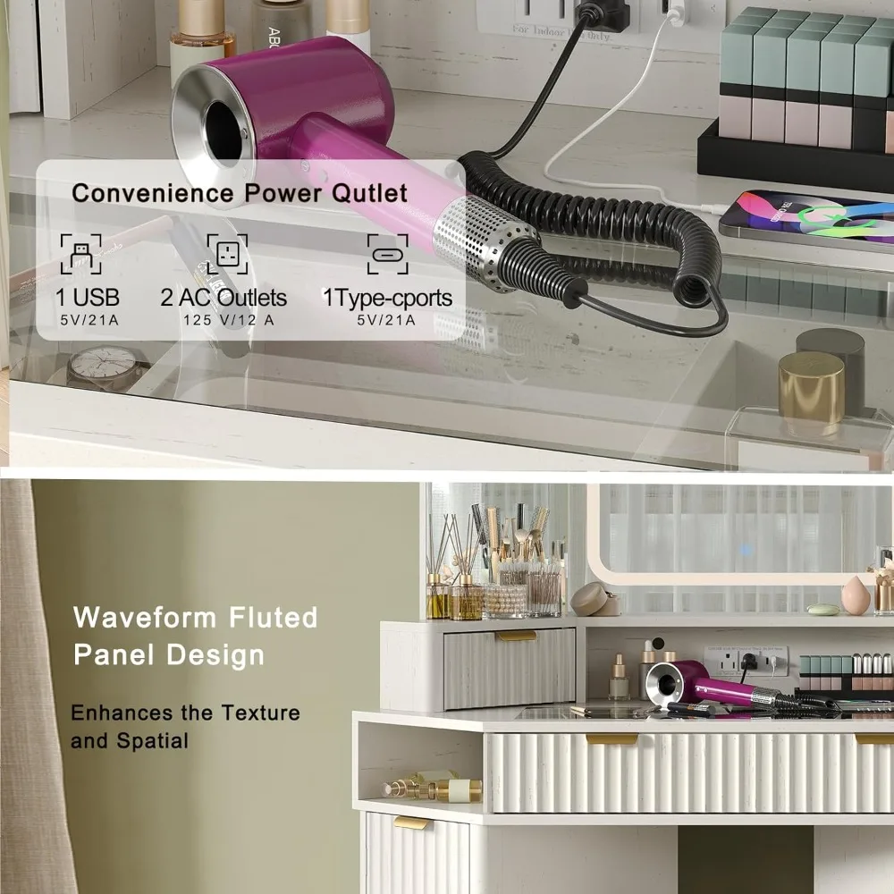 Scrivania da toeletta moderna da 48 pollici con triplo specchio e luci HD, grande tavolo da toeletta ad angolo con piano in vetro, stazione di ricarica, 1 multifunzione