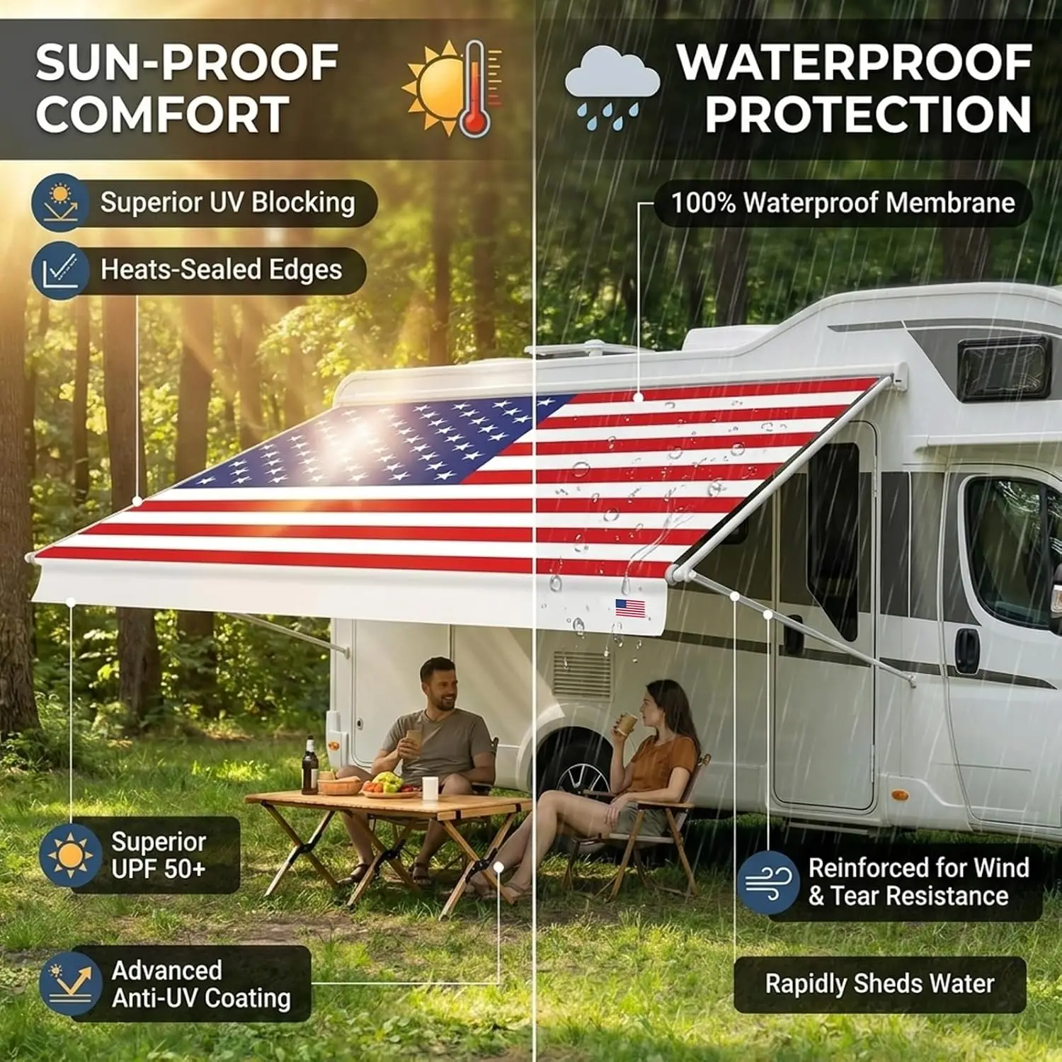 RV Awning Fabric Replacement, 19'2'' fit 20' 19.5oz USA Flag Camper Awning