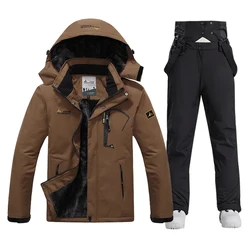 Terno de esqui impermeável para homens, jaqueta de lã, calças à prova de vento, montanha Snowboard Wear Set, manter quente, neve, plus size, novo, quente, inverno