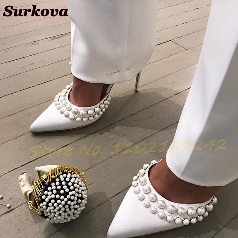 

Pearl White Satin Pumps Pointed Stiletto Shallow Mouth Women'S Shoes Elegant Office Casual Party High Heels Pumps Spring New 46