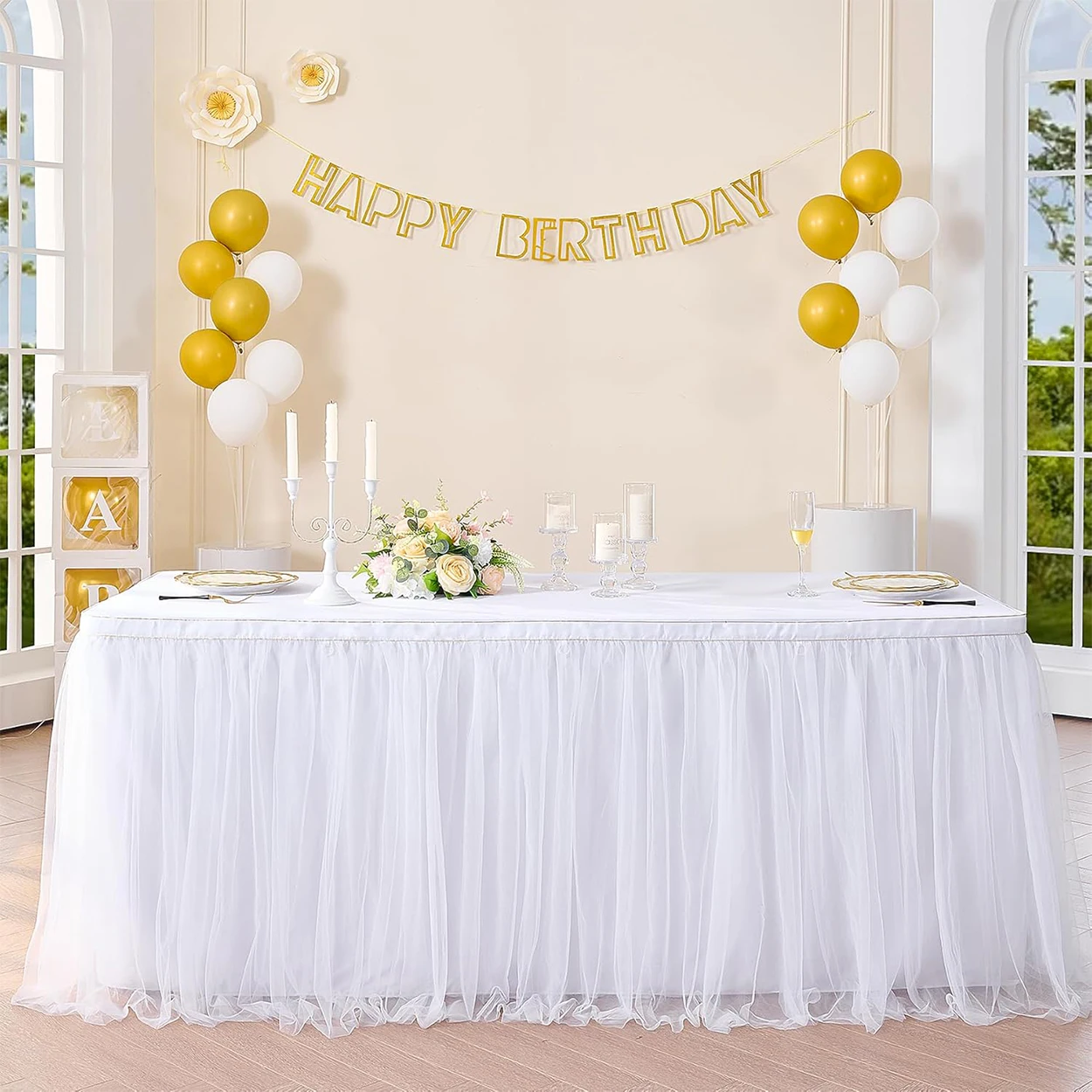 White Sheer Table Skirt, Rectangular Round Table, 2-Layer Pleated Sheer Skirt Decoration, Wedding Birthday Party, Baby Shower, Cake, Dessert Table