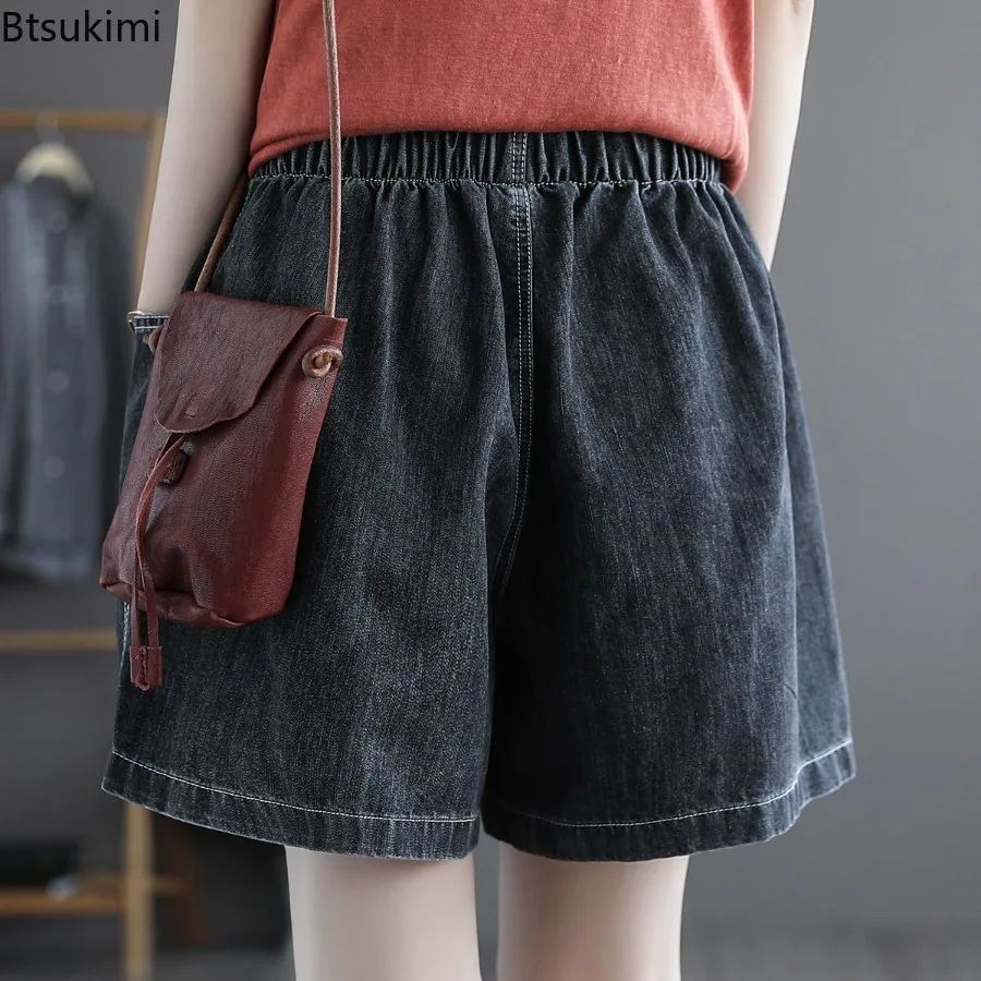 2025 Women's Summer Casual Jeans Shorts Korean Style Loose Pocket Design Ladies Elastic Waist Jeans Shorts Female Summer Shorts