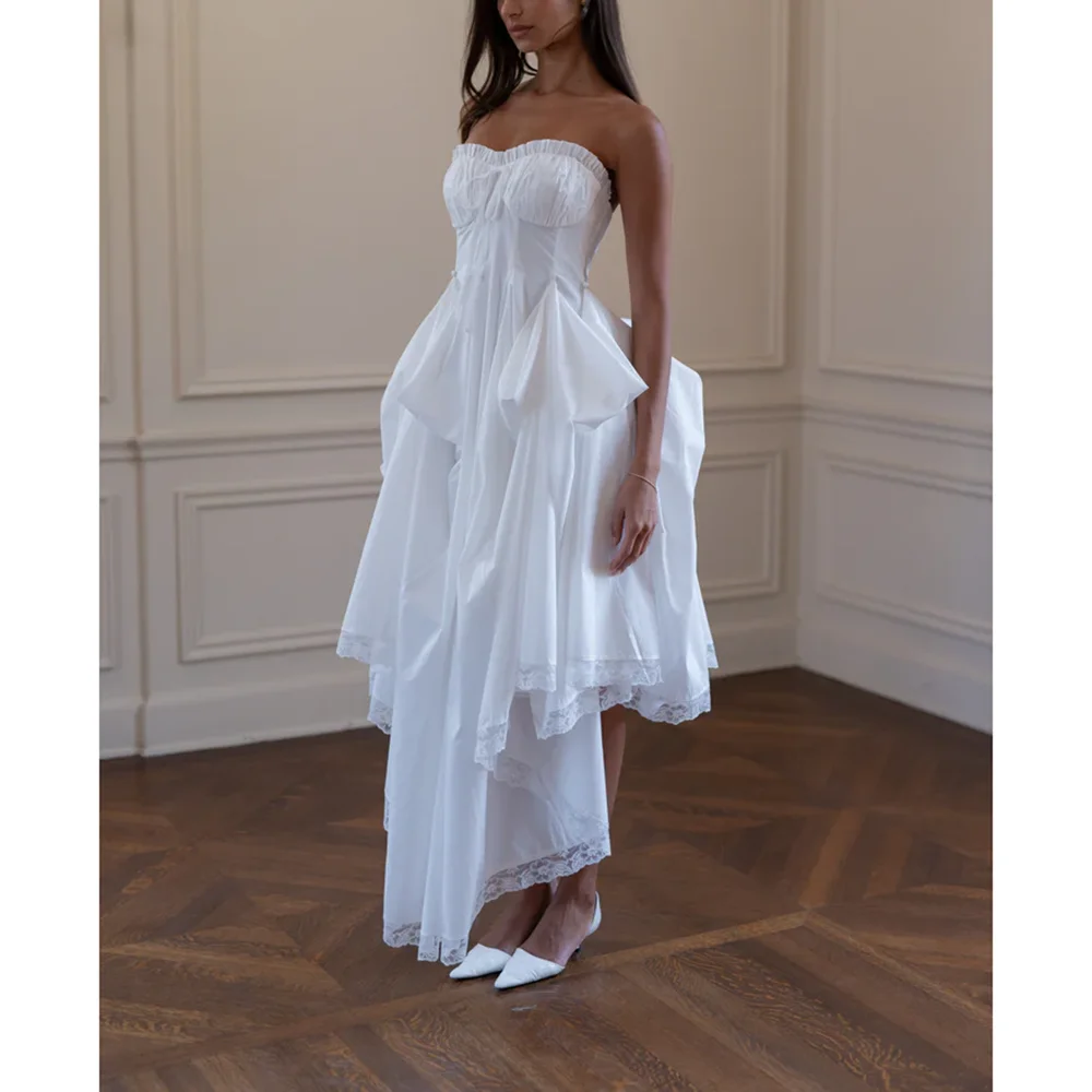 ใหม่แฟชั่นสีขาว Handmade จีบยาวชุดวันเกิดตัวแปร Strapless A-Line Graguation Gowns ที่กําหนดเอง