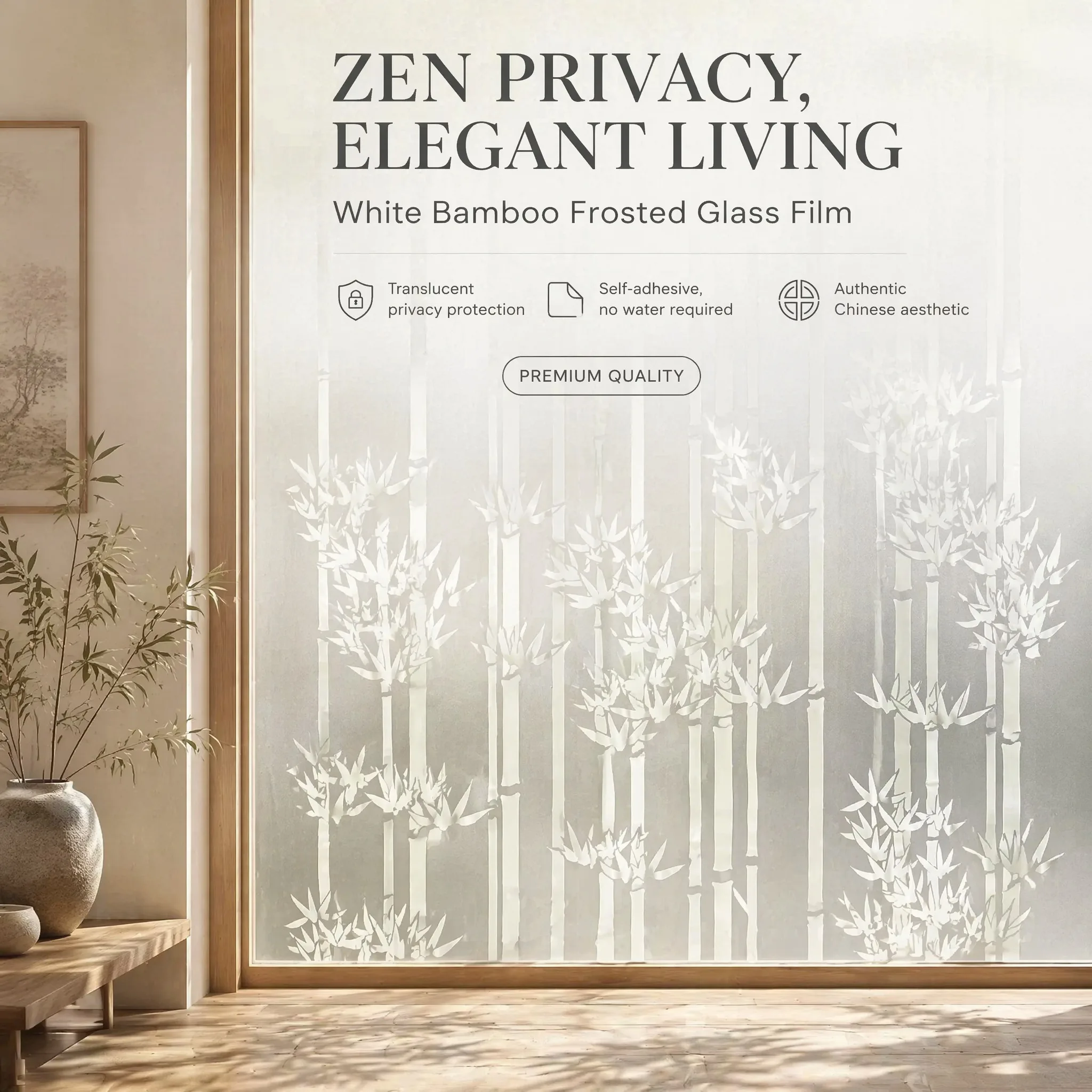 Zen White Bamboo Self Adhesive Window Film 90% Privacy 70% Light Transmission Frosted Glass Sticker Chinese Aesthetic Decorative
