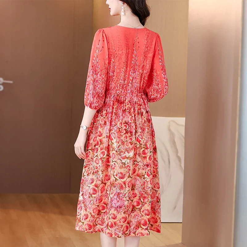 2025 봄 여름 꽃 실크 미디 드레스 여성 빈티지 Boho 패션 캐주얼 라이트 드레스 한국어 우아한 럭셔리 축제 Vestidos