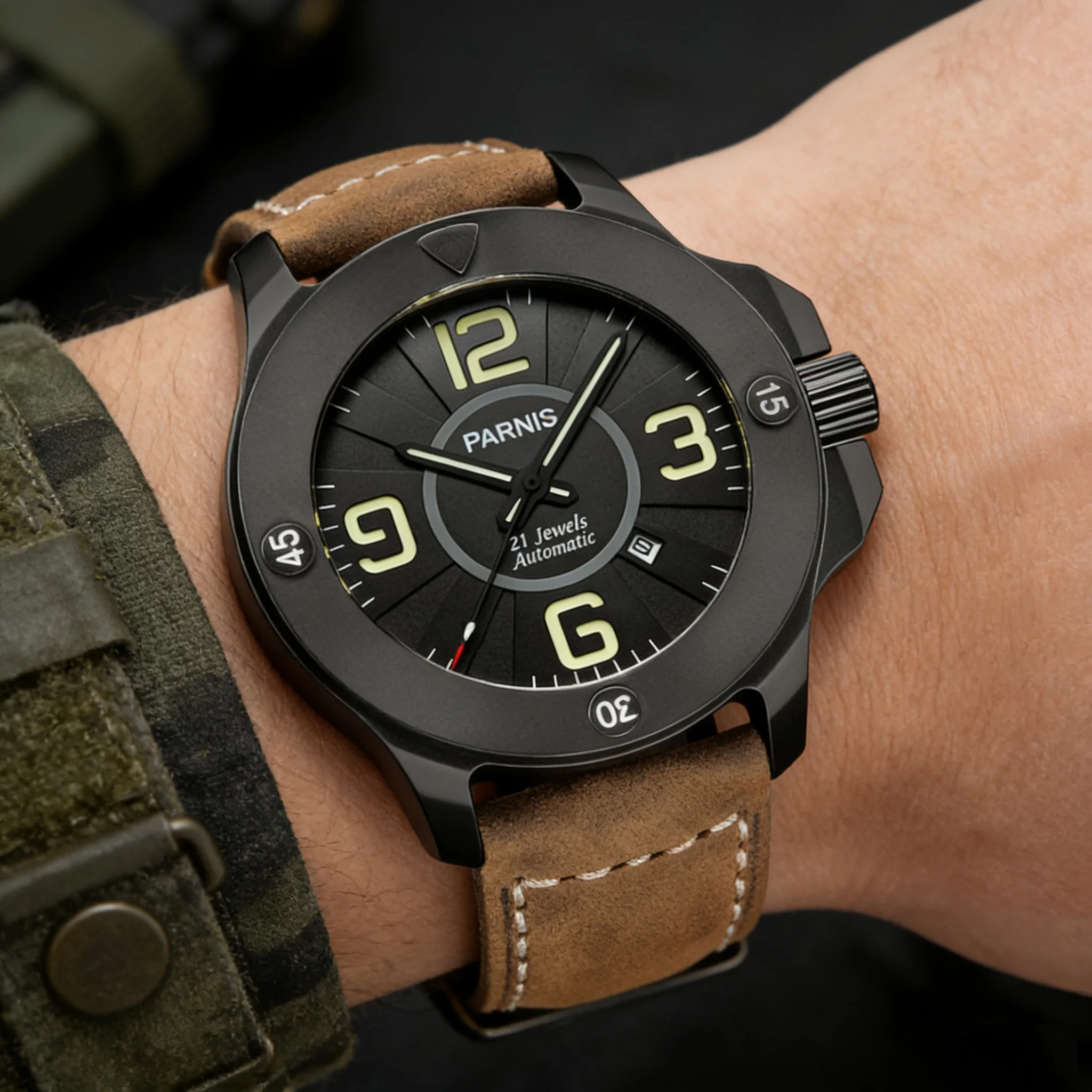 

Мужские автоматические часы Parnis 47 мм в стиле милитари, механизм Miyota 8215, сапфировое стекло, водонепроницаемость 50 м, мужские наручные часы, подарочные часы 2026