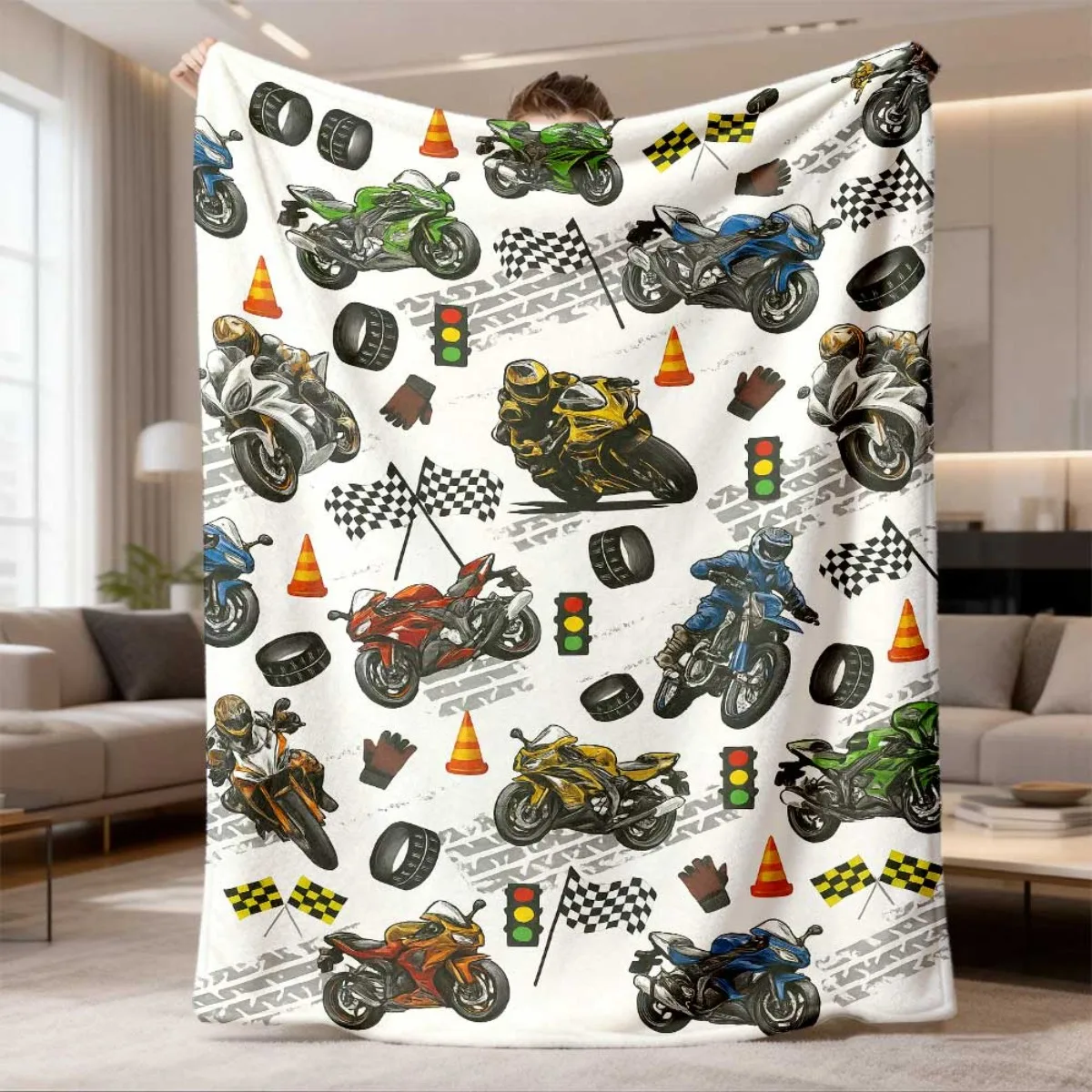 2026 New Arrival Flannel Blanket 1pc MotorcycleThemed Flannel Blanket Ride On Design with Racer Motorcycles, Checkered Flags, an