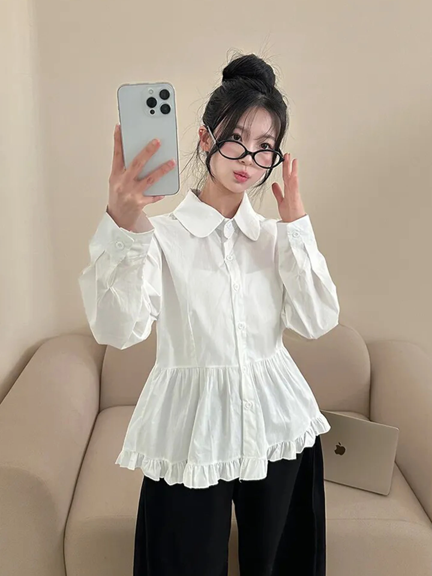 Elegant White Long Sleeve Women's Shirt Korean Style Wood Grain Ruffle Design Ageless Fashion Autumn Top Quality Polyester