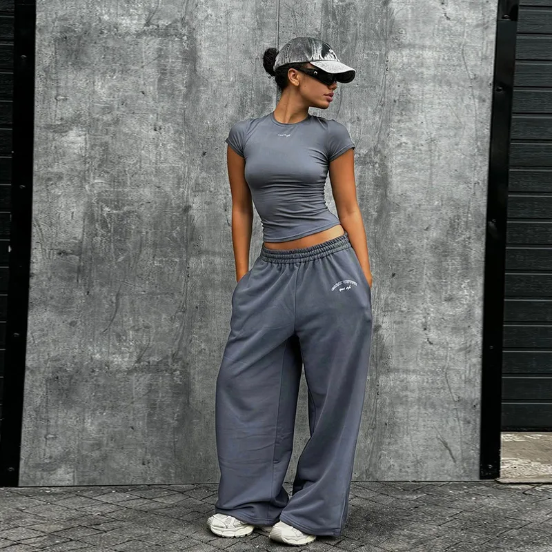 

YJ24653DGO Women's Sporty Casual Set High Waist Long Pants Slim Fit Vest Two-Piece Suite Daily Wear Comfortable Korean Style