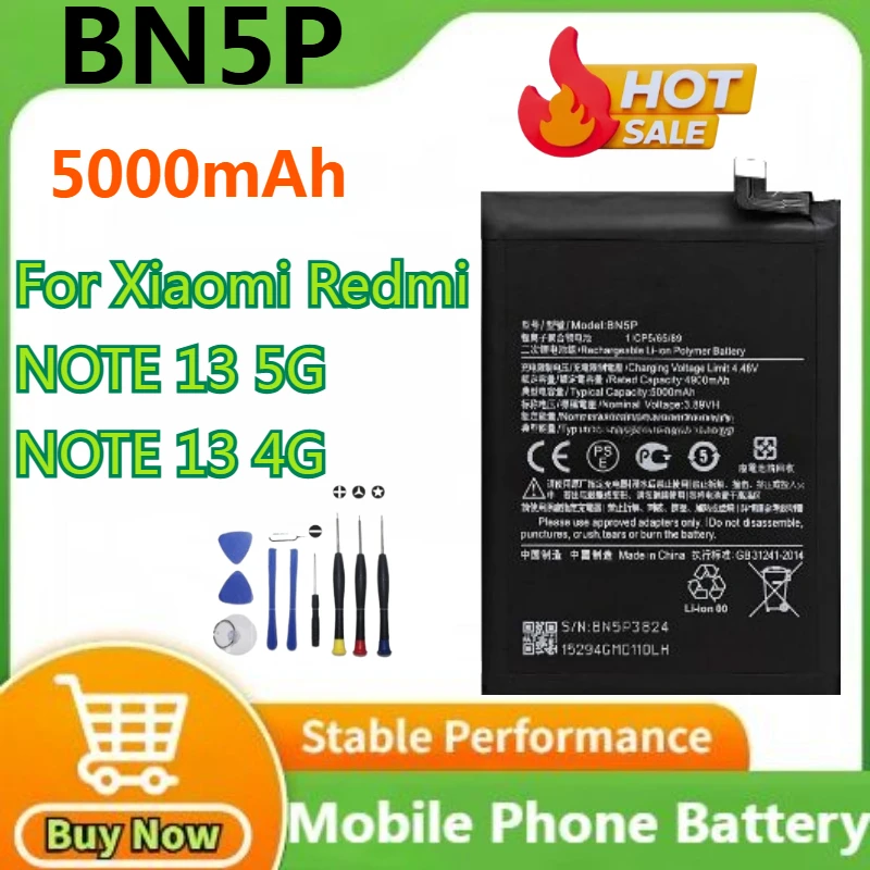

100% New Battery BN5P 5000mAh for XIAOMI REDMI NOTE 13 5G/NOTE 13 4G 2312DRAABG/23129RAA4G/23124RA7EO Battery +Tools