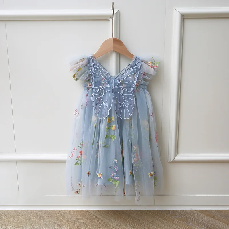 Embroidery Floral Wings Girl Dresses Baby Girl 2024 Summer New Dress Angel Kid Birthday Dress Butterfly Fairy Mesh Party Clothes