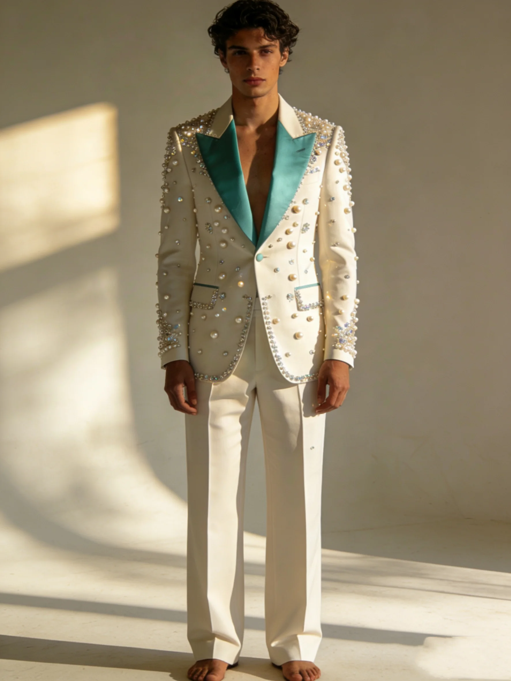 

White Spring Men Suits Set 2 Pcs Blazer+Pants Trousers Luxury Pearls Wedding Tuxedo Formal Office Business Groom Jacket Coat