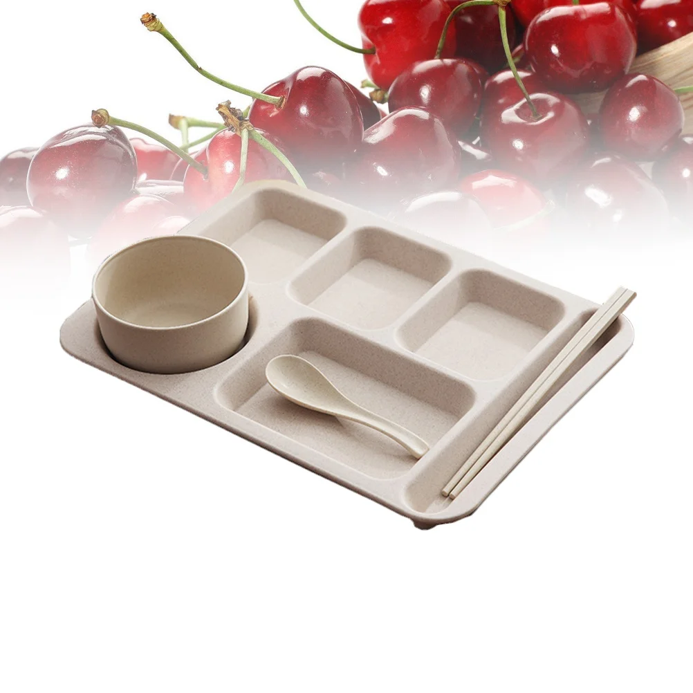 1 Drop-Proof Rice Dishes Creative Wheat Straw Bowl Cutlery Set Exquisite Dinner Tray For Separate Plates Beige