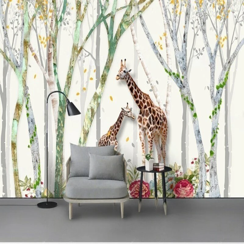 

Custom European Style Forest with Giraffe Landscape Wallpaper Mural Living Room Bedroom Wall Art Decor Nature Scene Background