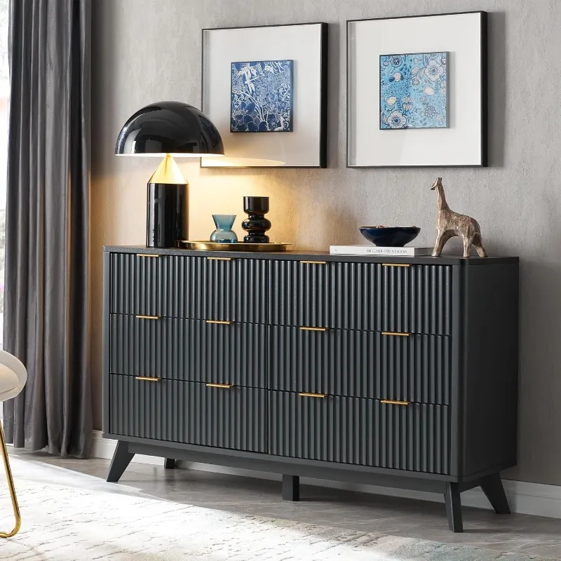 Fluted 6-Drawer Dresser, 54-Inch Wide Contemporary Chest of Drawers with Faux Marble Top, Curved Profile Design