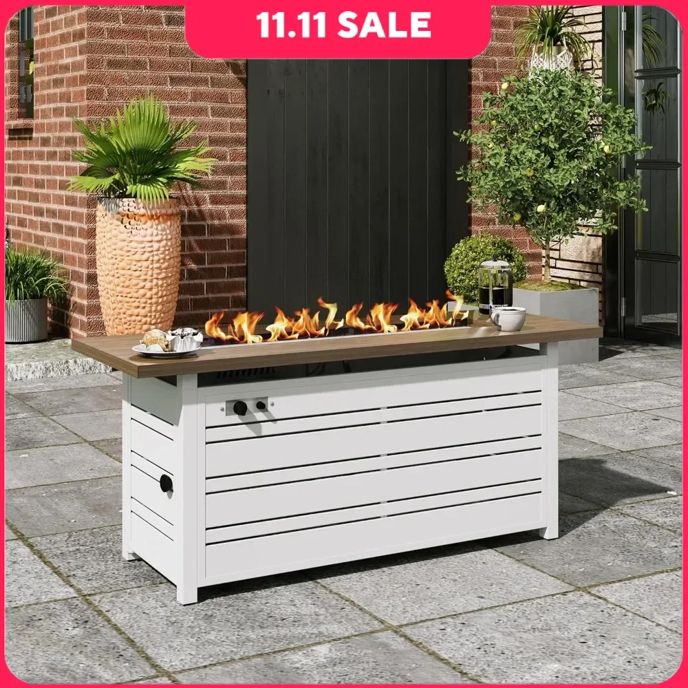 Outdoor Fire Pit Table, 50,000 BTU Propane Pits with Removable Lid and Glass Fire Rocks, 56 Inch Fire Pit