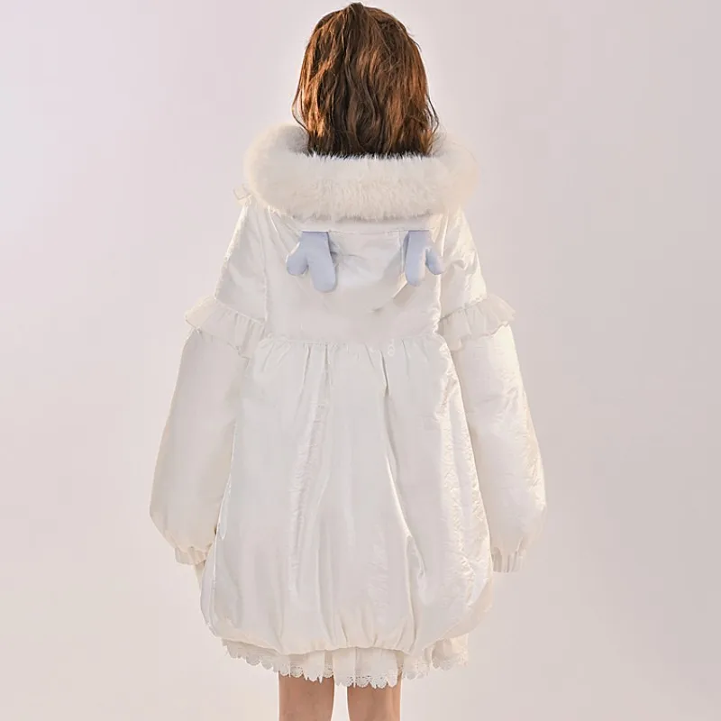 Autumn Winter Warm Lolita Jacket Blue And White Girly Ruffle Down Jacket Sweet Princess Hooded Outwear