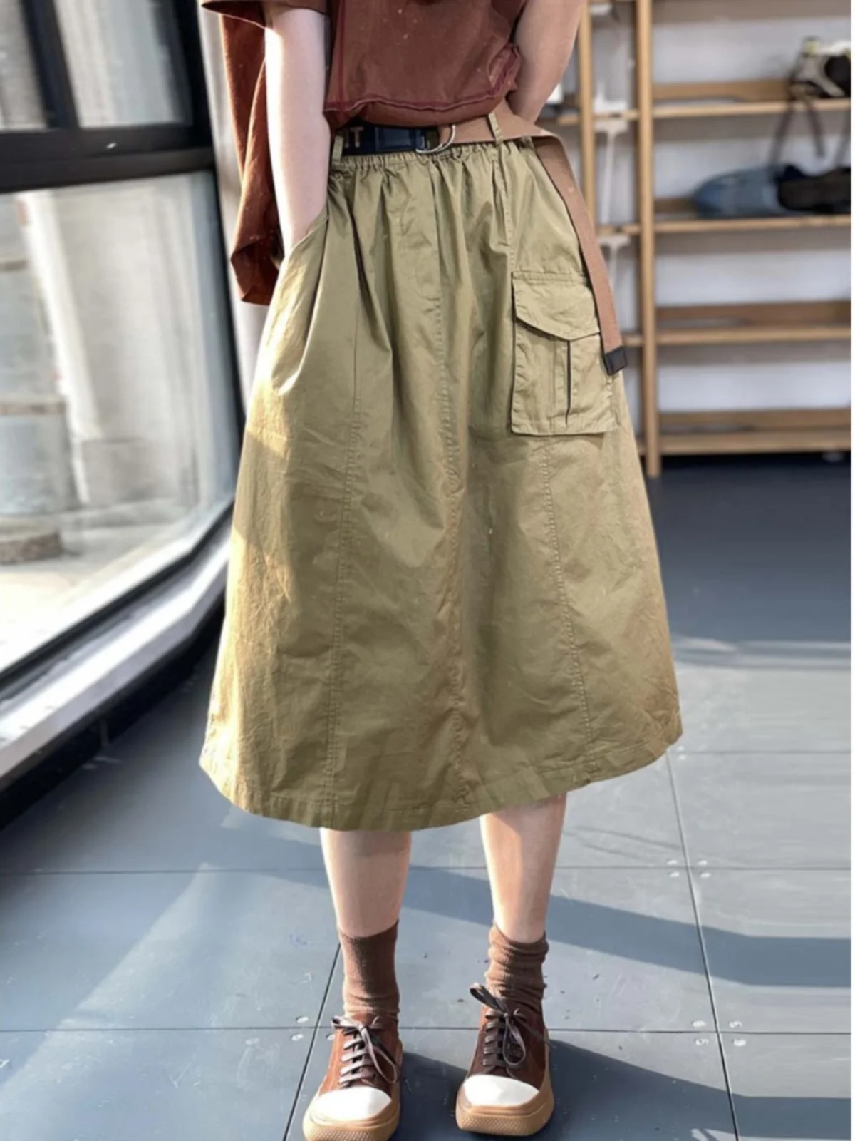 

High Waist A-Line Midi Skirt with Big kets Casual Workwear Sle Women's Summer Slimming Versatile Skirt Japanese Leisure ...