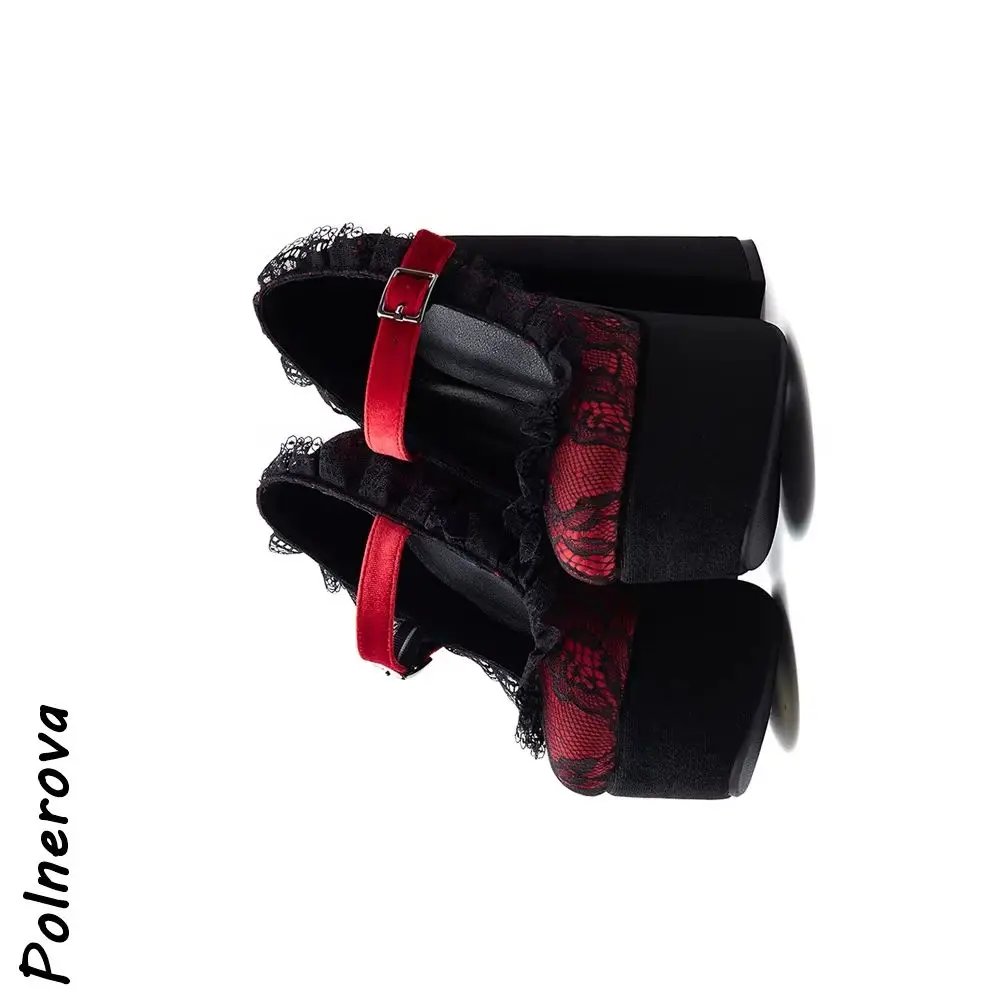 Gothic Red Lace Ruffle Platform Pumps Mary Jane Single Buckle Strap Chunky Heel Round Toe Shoes Dark Lolita Party Fashion Shoes