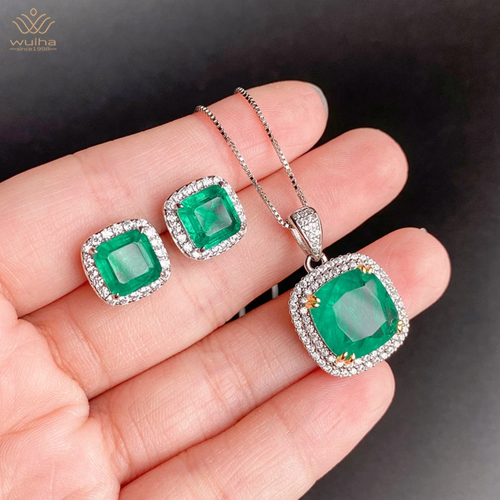 

WUIHA 925 Sterling Silver 12*12MM Emerald Sapphire Courndum Earrings/Pendant/Necklace Anniversary Fine Jewelry Set Drop Shipping