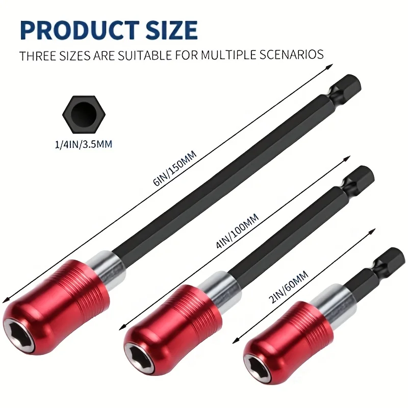 Drill Bit Extension, Quick Release Magnetic Drill Bit Holder Tool Kit with 1/4โ Hex Shank Compatible Suitable Self 3 Sizes Optio