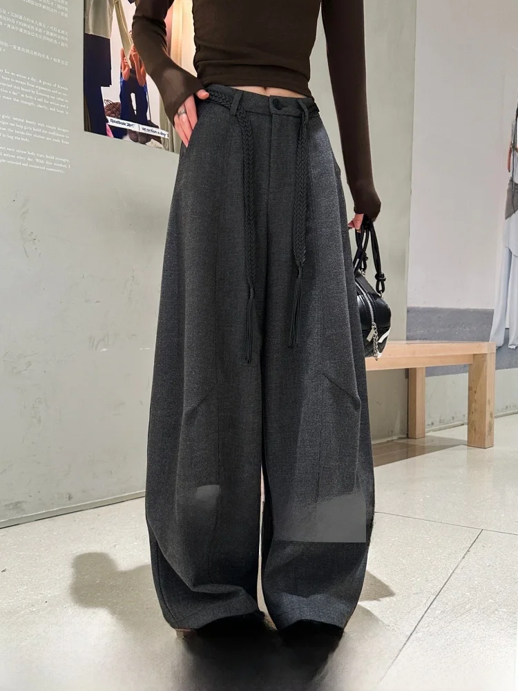 

High Waist Wide Leg Woolen Pants Women's Vintage Casual Trousers Floor-Length Knife- Pants Commute Style Pure Color