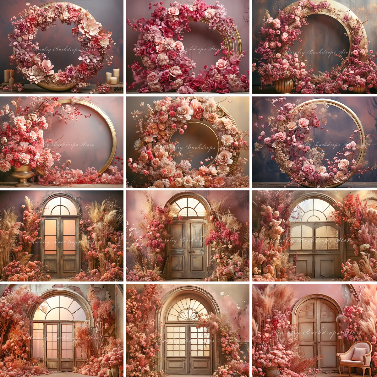 

Pink Flower Arch Backgrounds Kids Baby Wedding Photorgaphy Props Child Adult Photocall Spring Garden Floral Door Backdrops