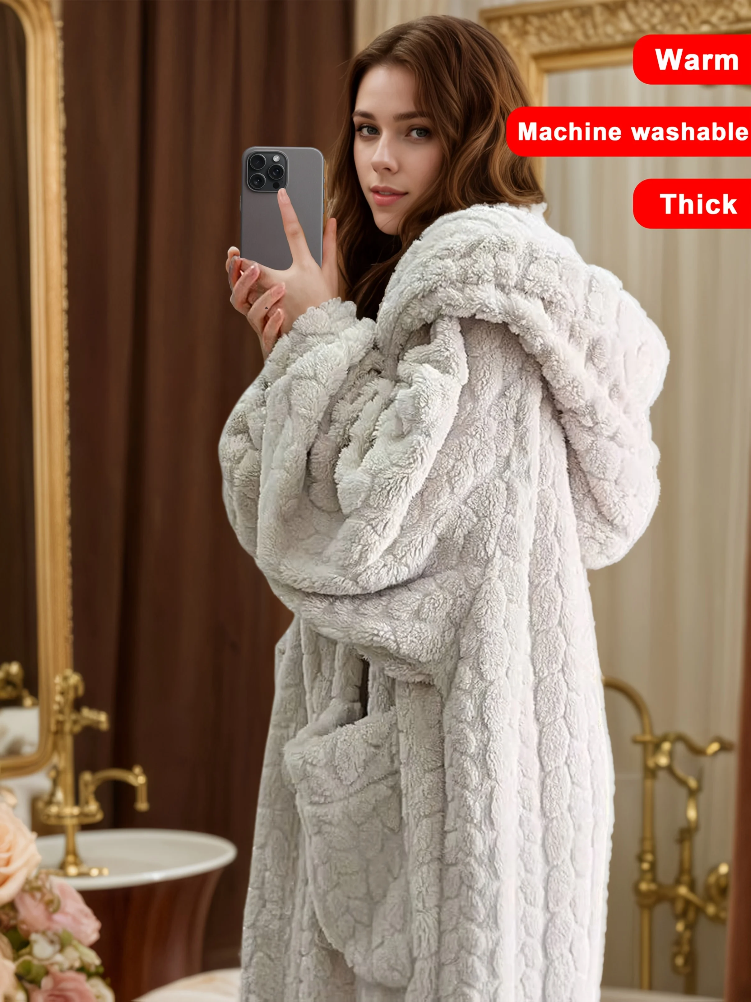 

Ladies Comfort Coral Fleece Hooded Gown - Warm Soft Casual Dress with Pockets, Machine Washable - Perfect for Autumn and Winter