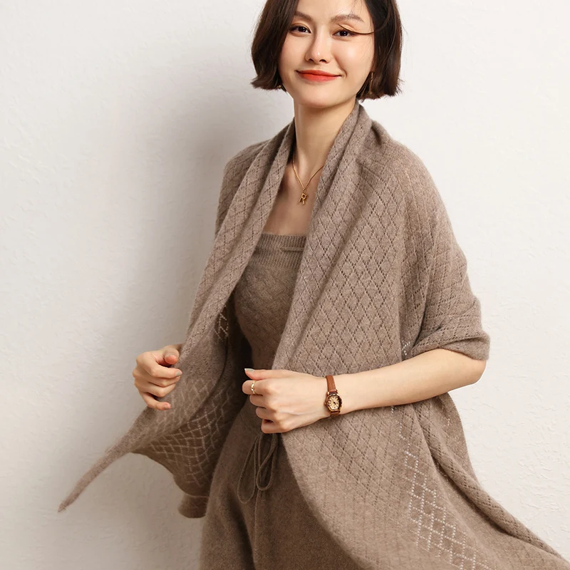 2023 New Arrival Winter 100% Pure Cashmere Knitted Scarves Women Hollow Out Scarf Female High Quality Fashion Solid Soft Poncho