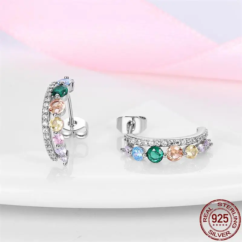 925 Silver Fashion Rainbow Pony Earrings For Women Ear Studs Cubic Zircon Colored Star Earrings Silver 925 Original Jewelry