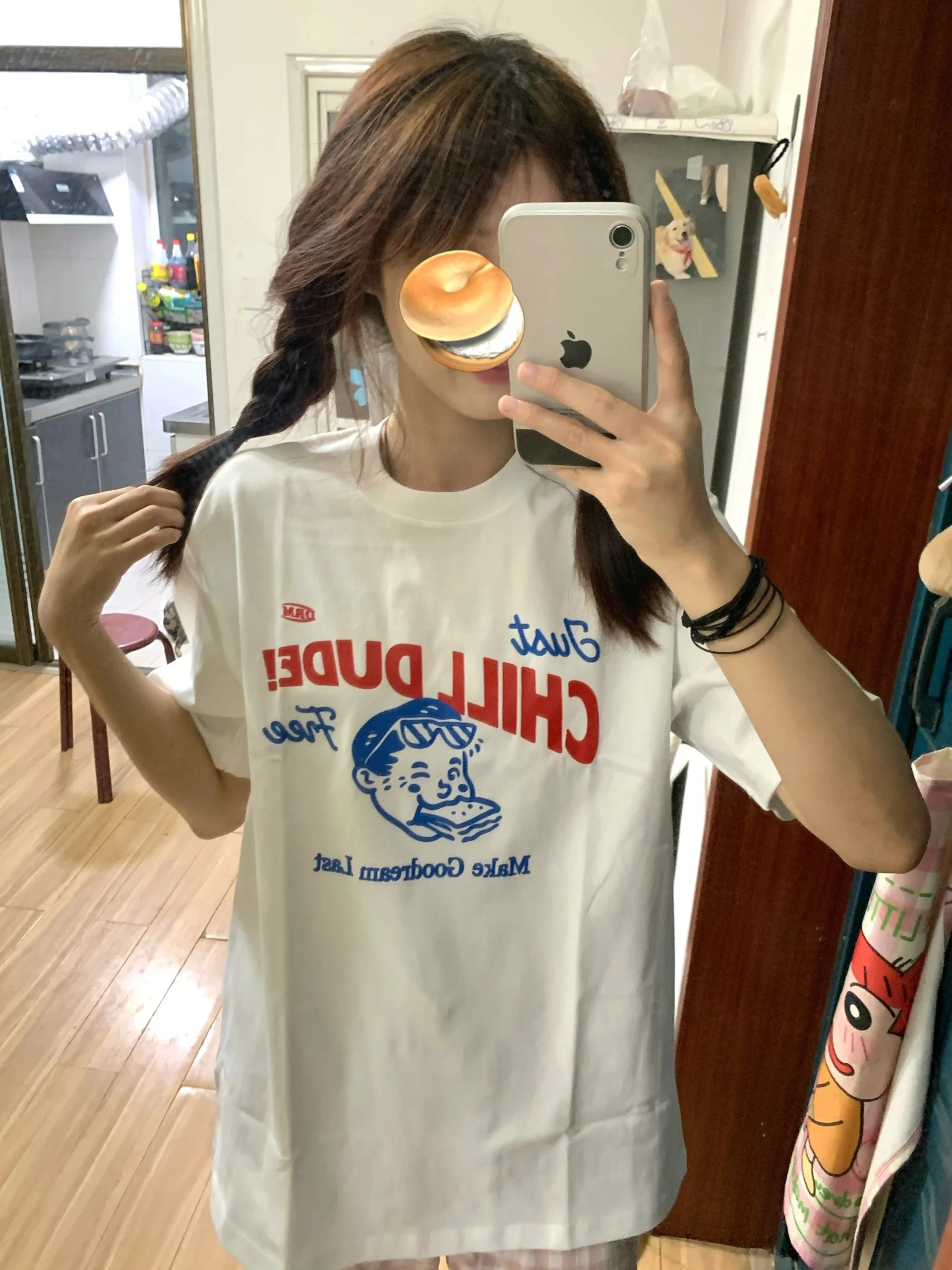 Summer  Printed T-Shirt Women's White Casual Kids Cartoon Top Trendy High-End Feeling Cotton 00% Sandwich Sle