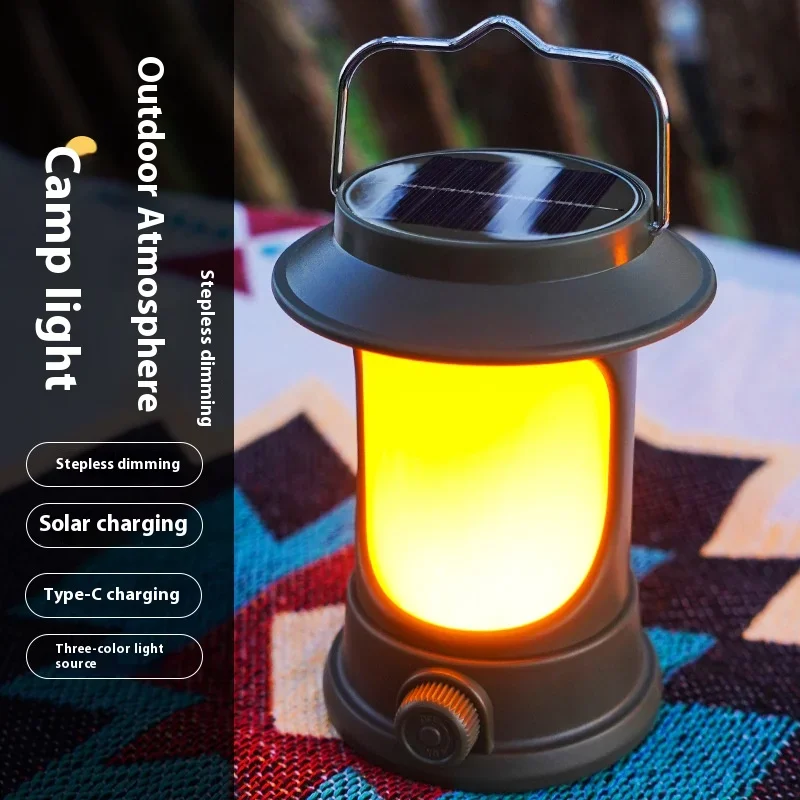 Solar Portable Handheld Vintage Camping Lantern USB Rechargeable Outdoors Tent Light LED Warm Light Night Hiking Fishing Lamp