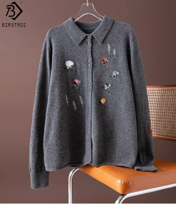 

Birdtree вязаный свитер из 100% овечьей шерсти с вышивкой, женские топы с длинными рукавами и лацканами, осенне-зимнее теплое серое пальто 2025 T59843JF