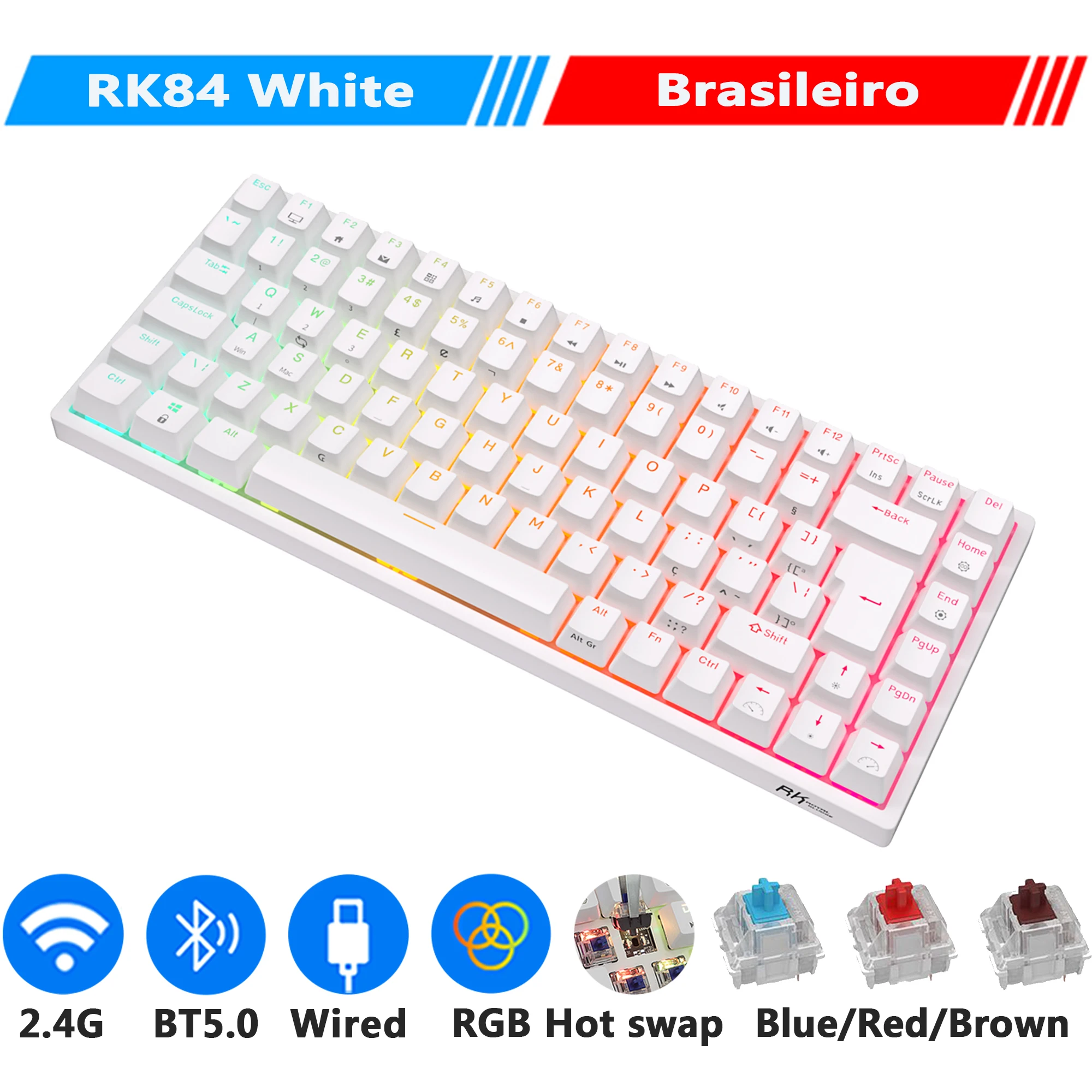 RK Royal Kludge RK84 75% Tastiera meccanica in modalità tripla RGB BT5.0/2.4G/USB-C 84 Tastiera Wireless Bluetooth Wireless Bluetooth Hot Swappable